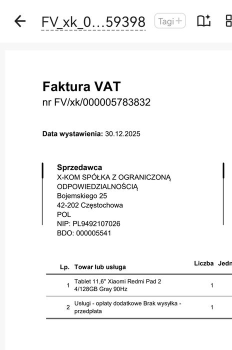 Nowy tablet Redmi Pad 2 4/128GB WiFi Bluetooth