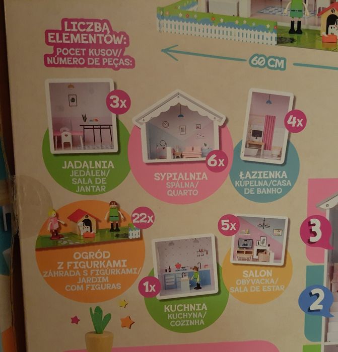 Duuży, nowy, drewniany domek dla lalek z akcesoriami, piętrowy
