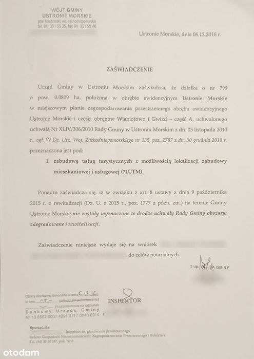 Działka usłogowo-mieszkaniowa Ustronie Morskie