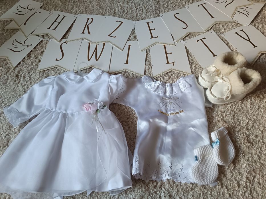 Zestaw do chrztu, sukienka, napis "Chrzest Święty", ocieplane buciki,