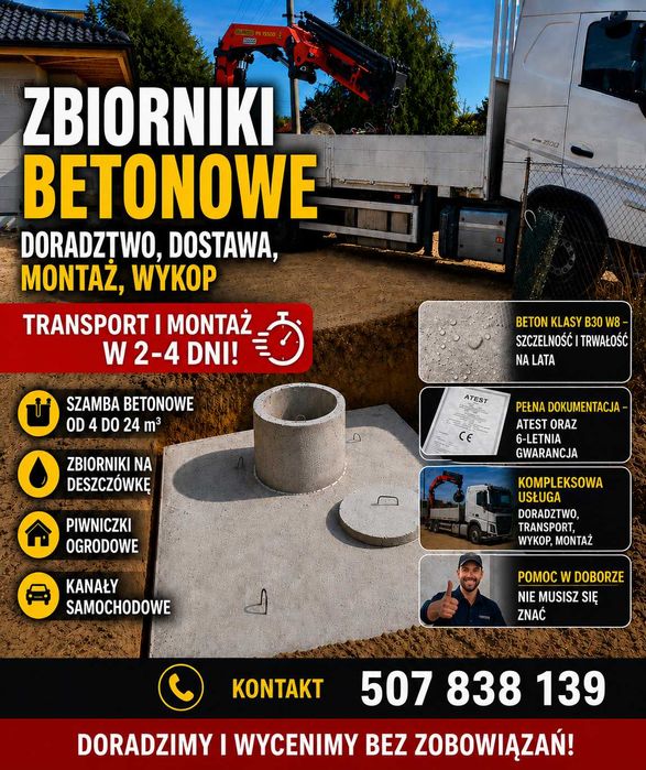 Szamba betonowe Zabłudów 8m3 10m3 12m3 | Montaż | Transport | Wykop