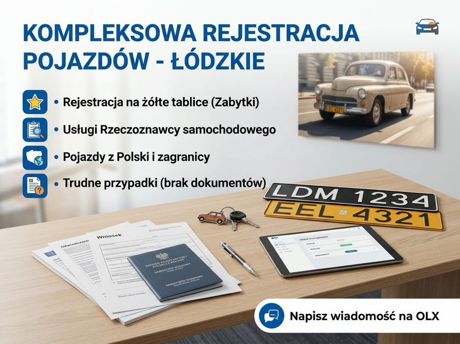 Pomoc w rejestracji pojazdów | Zabytki (żółte tablice) | Rzeczoznawca | Bez dokumentów | Przyczepy | Skutery | Z Niemiec i Wielkiej Brytanii | Łódzkie