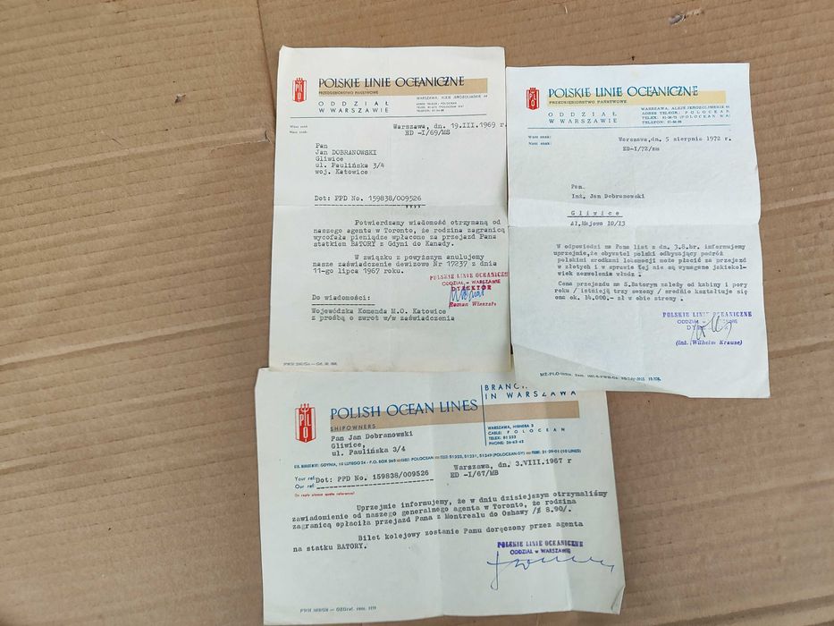 3 dokumenty Polskie Linie Oceaniczne, statek Batory 1967,1969 i 1972r