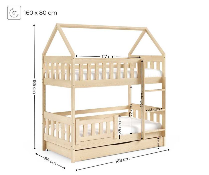 Piętrowe łóżko dla dzieci ZUZIA z drewna sosnowego 160x80 cm