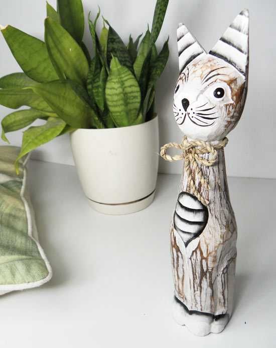 KOT Rzeźba Figurka Drewniana Koty 30cm Rękodzieło Dekor Wnętrz