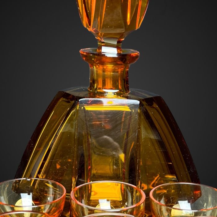 Karafka + kieliszki w stylu moser bohemia bursztynowa art-deco B41/825