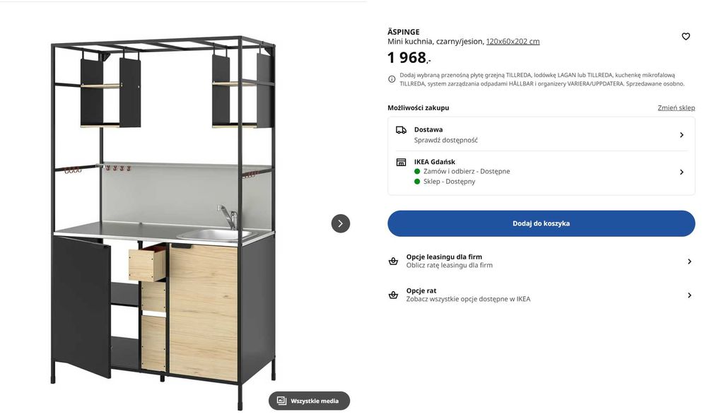 Mini kuchnia, czarny/jesion, 120x60x202 cmÄSPINGE