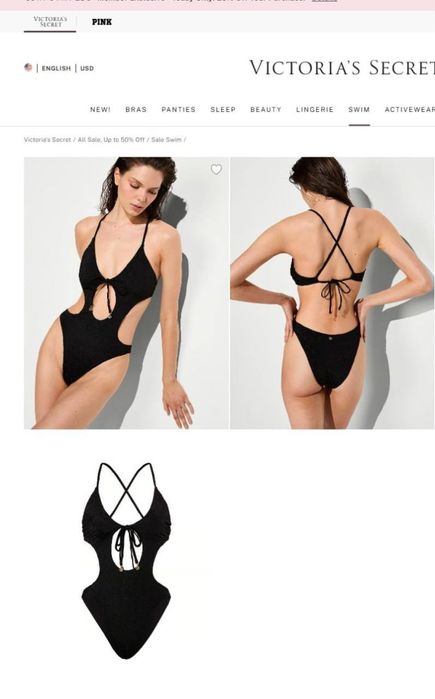 Жіночий суцільний купальник victorias secret оригінал чорний м m напівсуцільний чорний