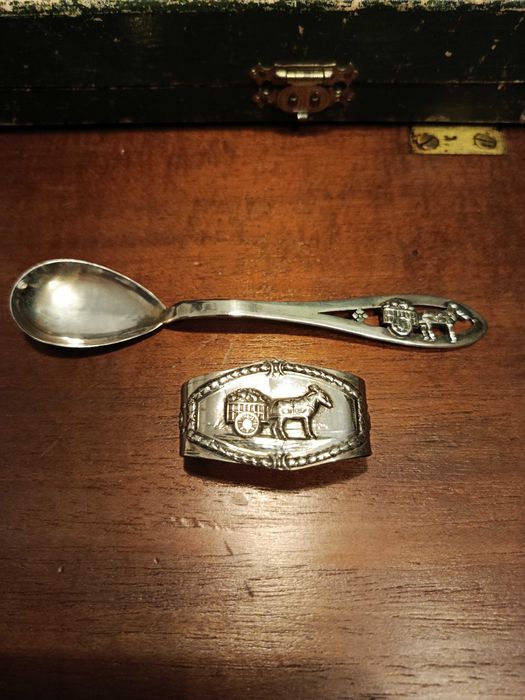 Conjunto Burro colher e Argola Prata Portuguesa Contrastada 833