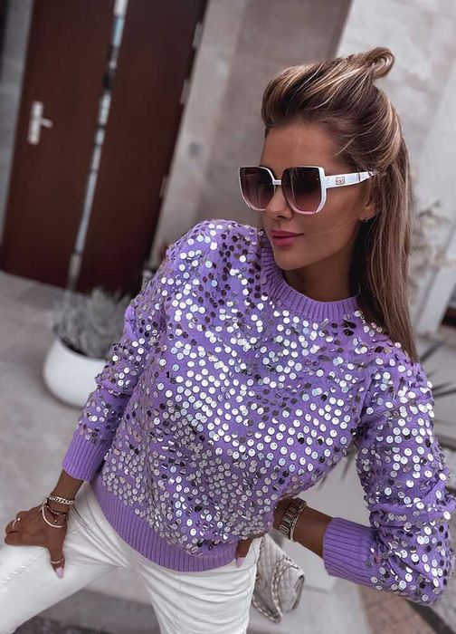 Sweter Lawendowy Zdobiony Cekinami Piękny