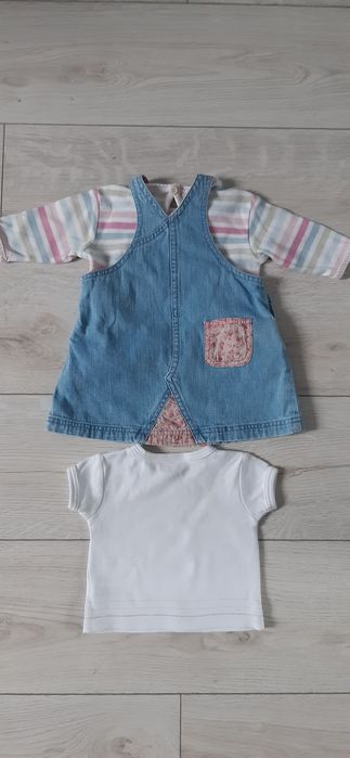 Sukienka jeansowa NEXT + dwie bluzeczki, rozmiar 62, 0-3 miesięcy