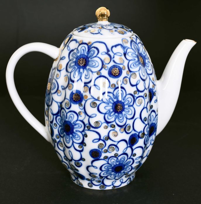 Łomonosow piękny serwis kawowy – ręcznie malowany złocony powój