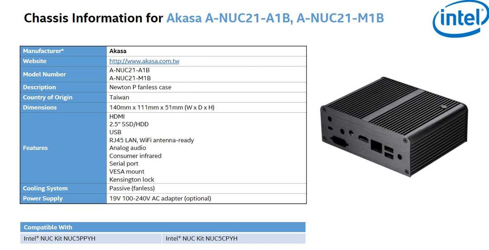 AKASA A-NUC21-A1B / A-NUC21-M1B (Caixa em alumínio sem ventoinha)