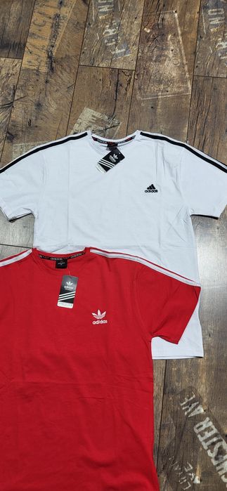 2 koszulki męskie t-shirt młodzieżowe biała czerwona trzy pasy S M