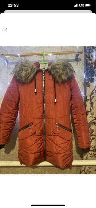 Зимнее польто с меховым капюшоном