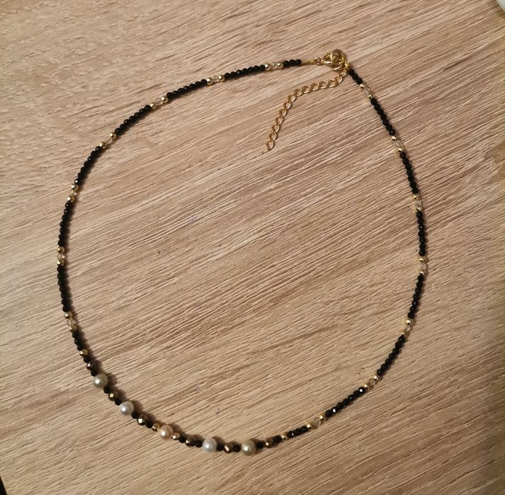 Naszyjnik choker na lince kryształ górski srebro 925 perły seashell