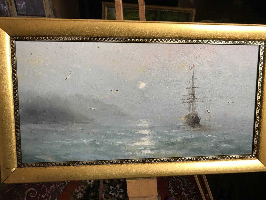 Картина маслом «Морской пейзаж с парусником» | Холст 40×20 см