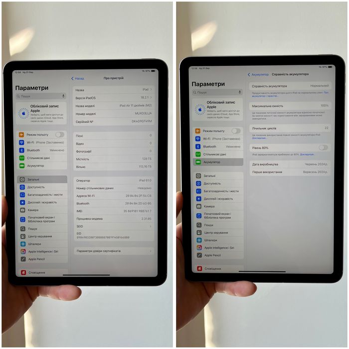 iPad Air 11 M2 LTE 100% акум NeverLock 22 цикли ІДЕАЛ Айпад Аір 11 М2
