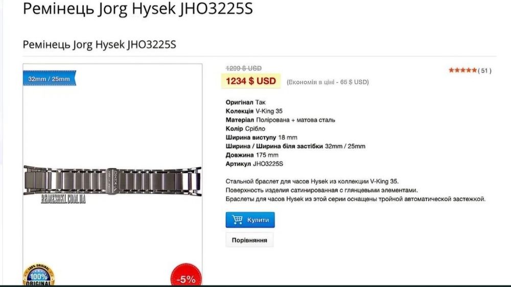 Стальной браслет JORG HYSEK V-KING, Kilada. Швейцария.