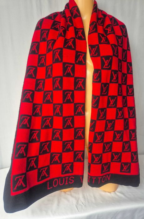 Vintage LV szal wełniany czarno czerwony 190x68