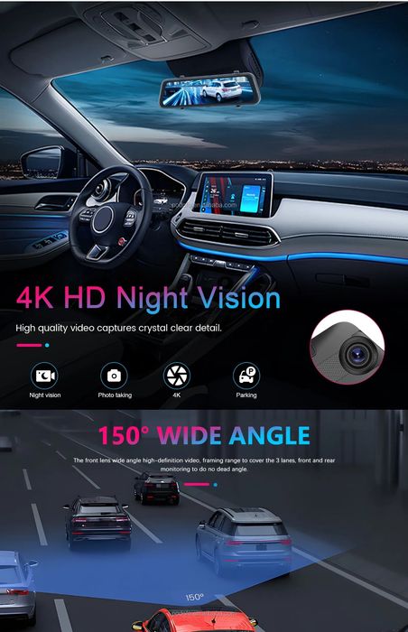 Espelho retrovisor 9,66 polegadas DashCam com 2 Câmaras 4K HD DVR NOVO