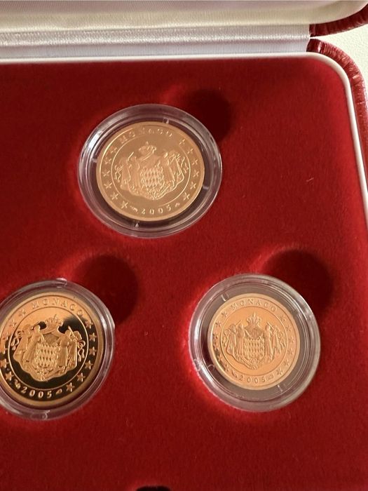 Moedas Proof 1-2-5 Euro Cent Mónaco, 2005, Príncipe Rainier III