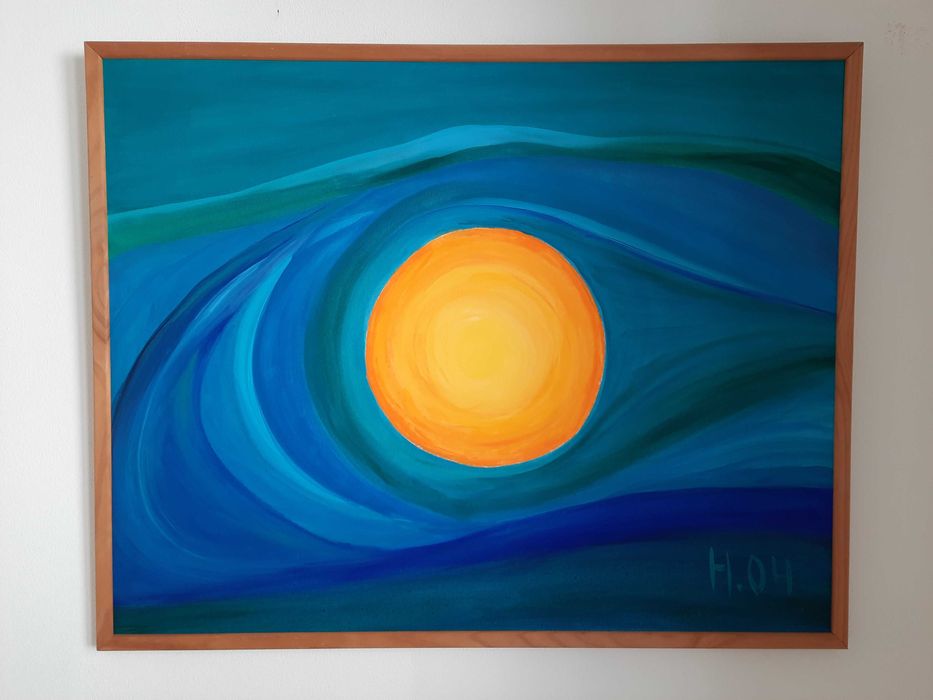 Pintura com quadro de madeira, oleo, 93x74cm