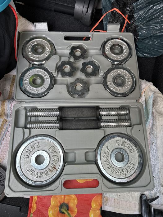 Conjunto halteres cromados com mala