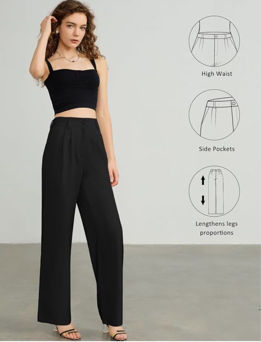 Spodnie Damskie Wysoki Stan Szerokie Nogawki Do Biura i Na Codzień