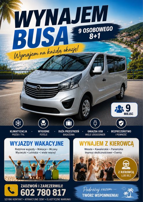 Wynajem busa 9-osobowego Renault Trafic long