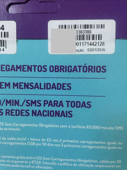 cartões UZO prepago selados, números únicos