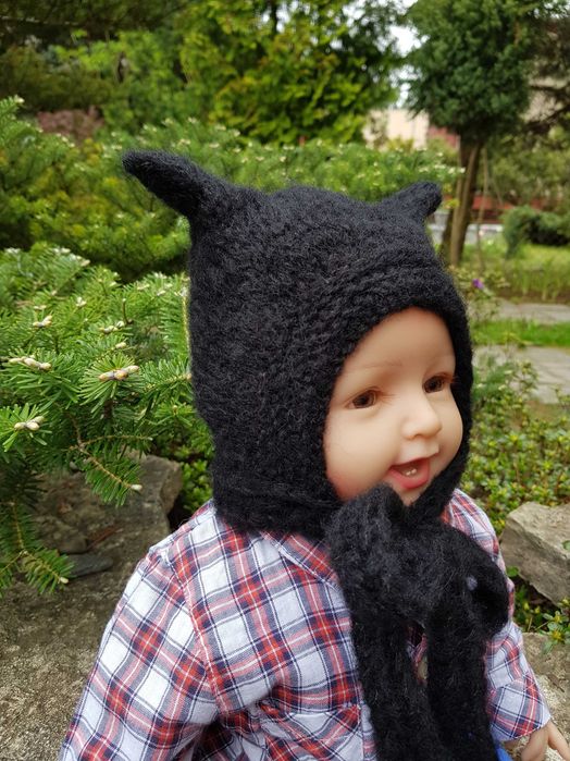 Czapka Czarny Kot, kotek 42/44 alpaka/jedwab
