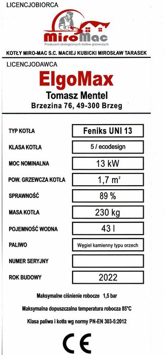 13kw kocioł piec na węgiel drewno 5 klasa