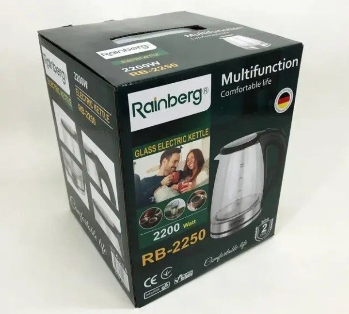 Чайник електричний скляний електрочайник з LED підсвічуванням Rainberg
