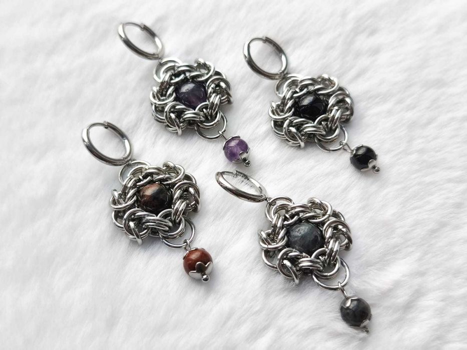 Kolczyki chainmaille z labradorytem – stal chirurgiczna gothic goth