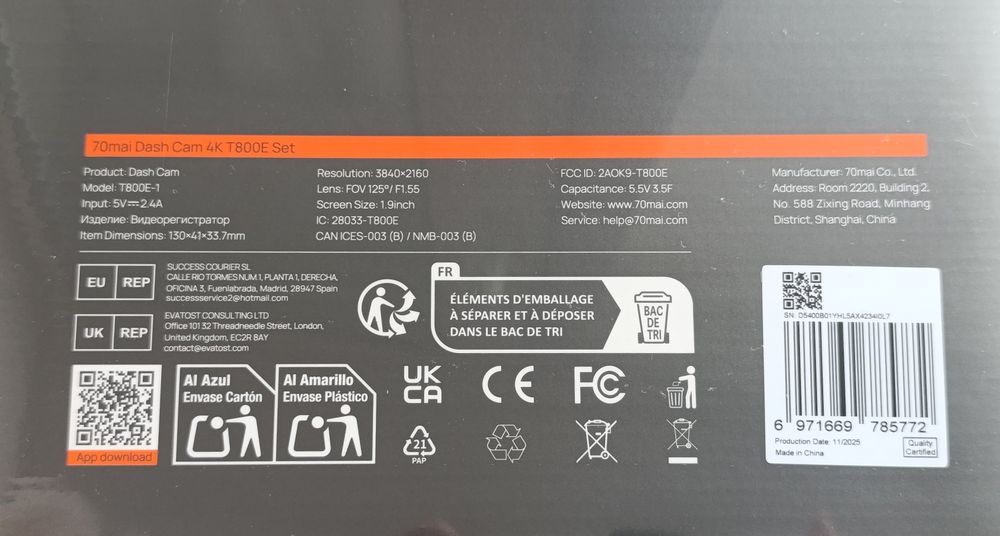 Відеореєстратор (3 камери) 70mai Dash Cam 4K T800E з салонною камерою