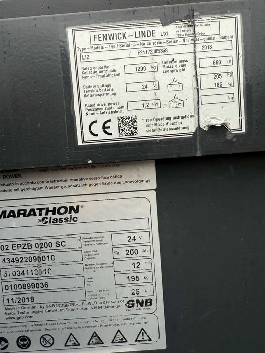 paleciak elektryczny z masztem LINDE L12 1200kg podnoszenie 3.90m 2018