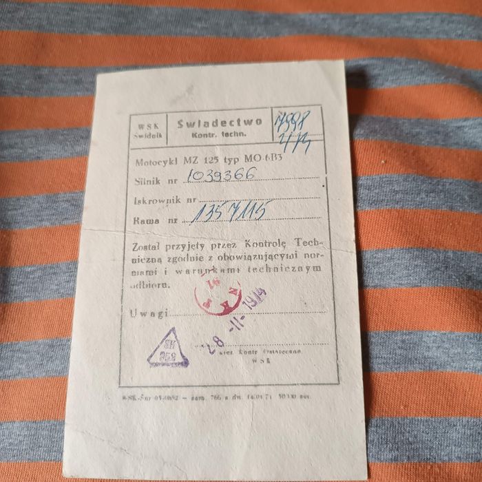 Świadectwo Kontroli Technicznej Motocykla MZ 125 typ MO 6B3