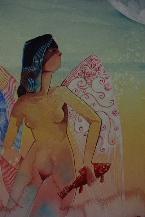 Aguarela original de Carlos Marques - Nu artístico feminino