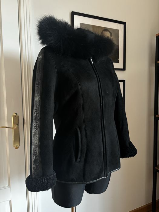 Czarny kożuch skórzany damski | z kapturem | kurtka zimowa