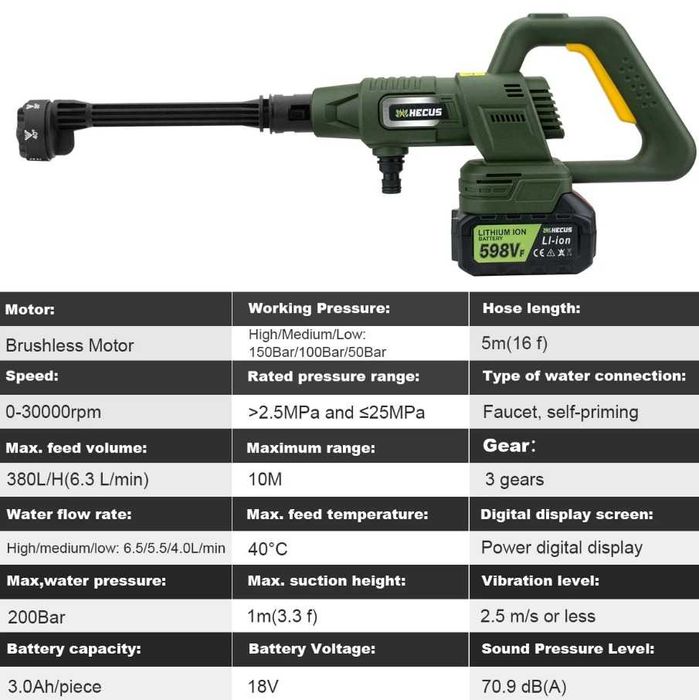 Pistola De Lavagem sem fios de Alta Pressão 200 BAR 2 baterias e mala