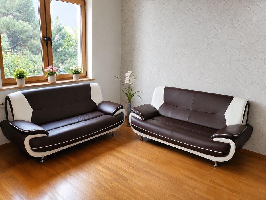 Sofa 3-osobowa 190 cm, brązowo-biała ekoskóra – 2 szt.