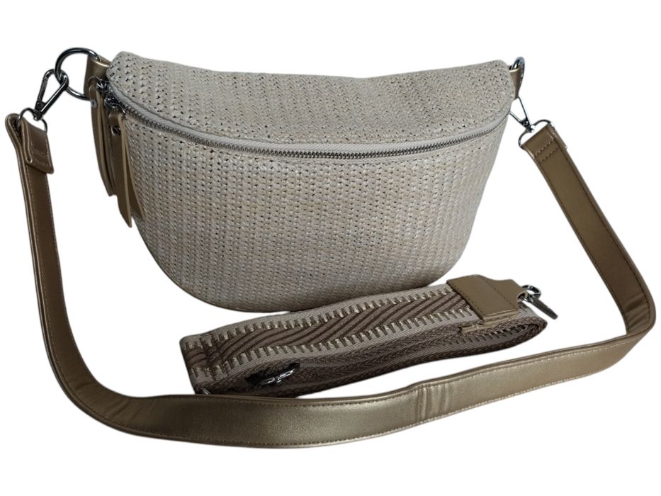 Beżowa Saszetka Damska z Wikliny na Ramię - Torebka Miejska 2 Paski