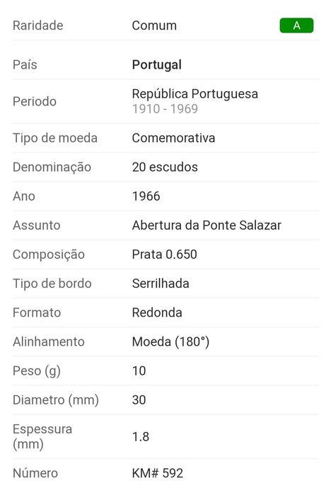 Moeda 20$ Prata 1966