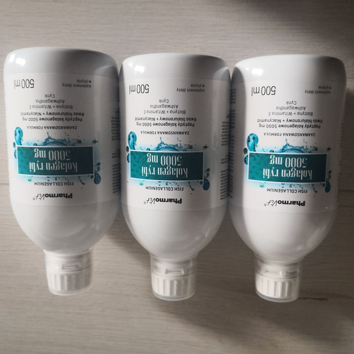 PharmoVit Kolagen rybi 5000 mg płyn, 500 ml 3 opakowania Cynk, Kwas hialuronowy. Witamina C. Biotyna i niacyna