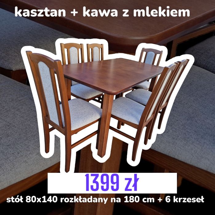 Nowe: Stół rozkładany + 6 krzeseł, kasztan+kawa z mlekiem, trans PL
