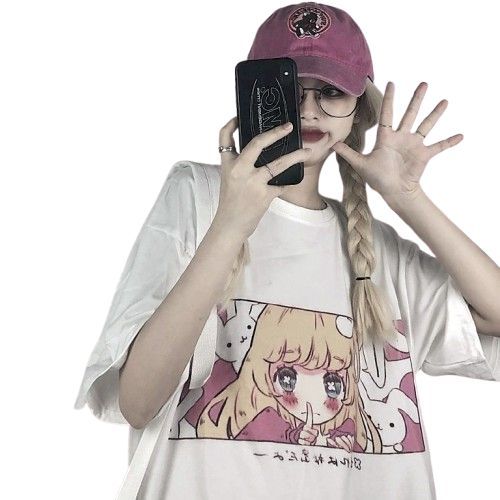 Damska Koszulka T-SHIRT Anime Manga Styl Kawaii Dziewczynka Króliki  M