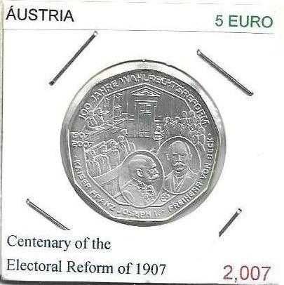 Áustria -  5 Euros - 2007 - Sufrágio Univ. Masculino - Moeda  de Prata