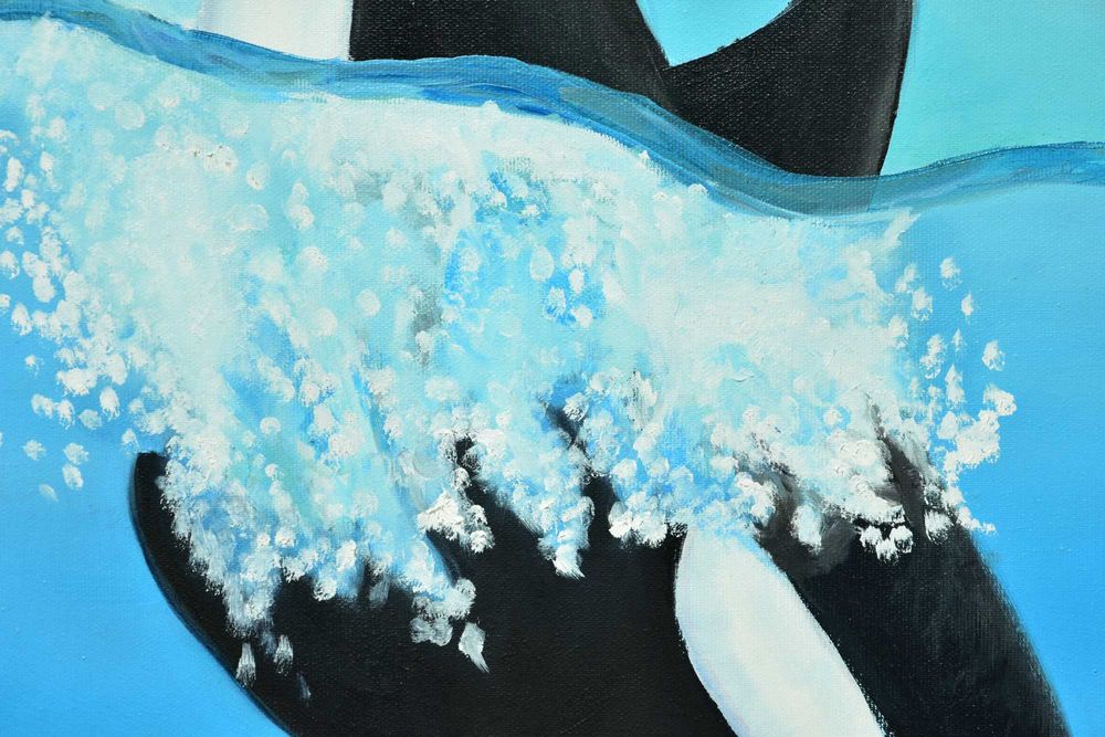Quadro - Pintura a Óleo Original "Orca e a Família a Brincar na Ondas"
