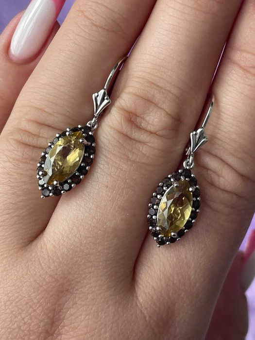 Серьги из серебра 925 пробы с цитрином и раух топазом